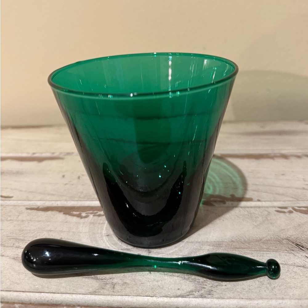 Emerald Green Hand-Blown Cocktail Glass and Blenko Muddler Stirrer